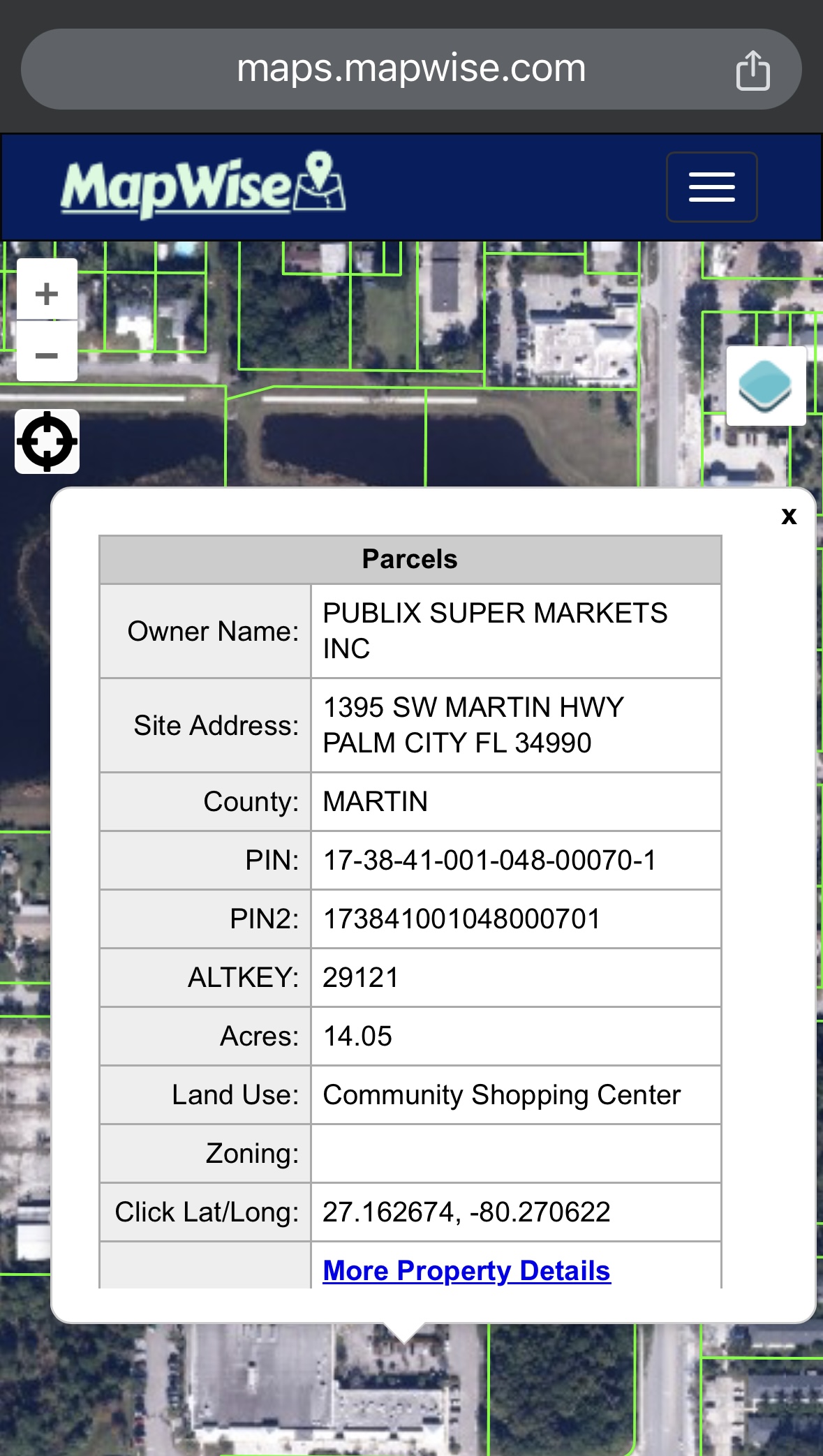 Parcels Details including owner name, site address and PIN