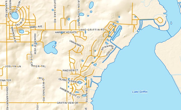 Hillshaded relief adds a 3D relief effect to represent elevation values.