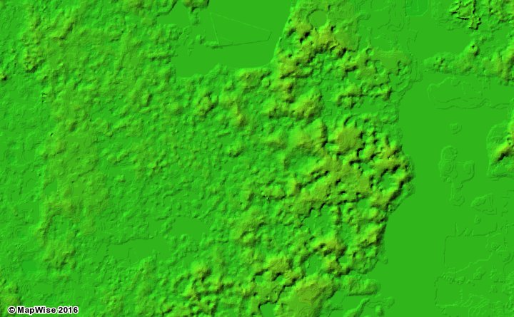 Color hillshaded relief blends a gradation of colors with hillshading to represent elevation values.