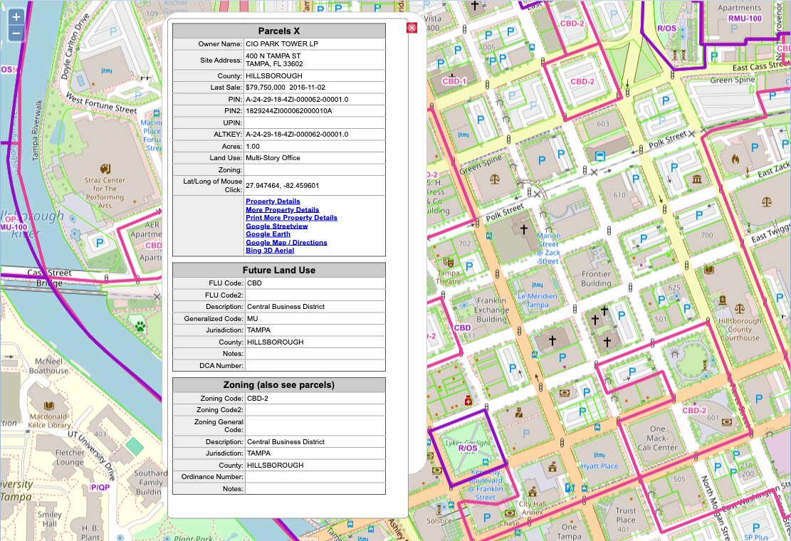 Identify-tool result showing Zoning CBD-2 and Future Land Use CBD for the same downtown Tampa parcel